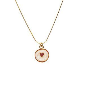Heart Pendant Necklace Round White Enamel Swirl Shiny Gold Tone Snake Chain